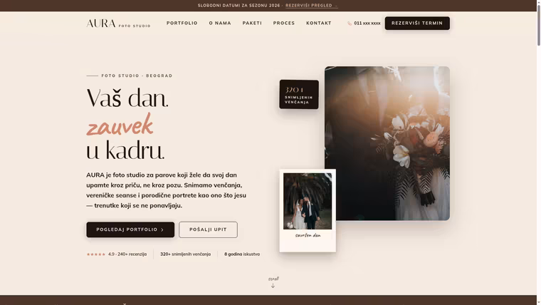 AURA — Foto Studio za Venčanja — izrada sajta za foto i video produkciju, M·LAB portfolio 2026